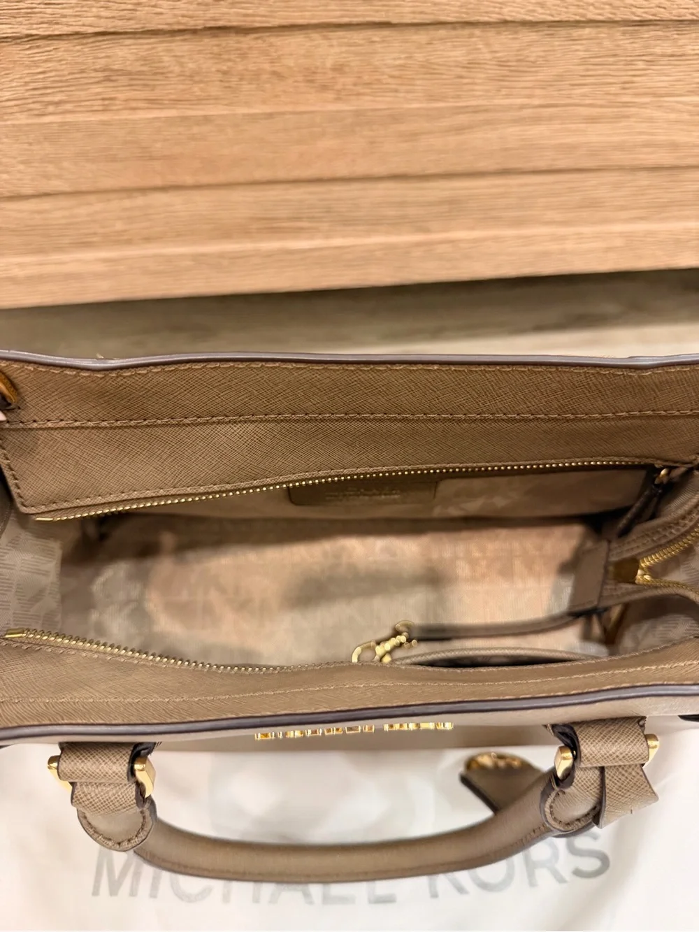 Michael Kors Taupe Saffiano Leather Satchel with Gold Hardware